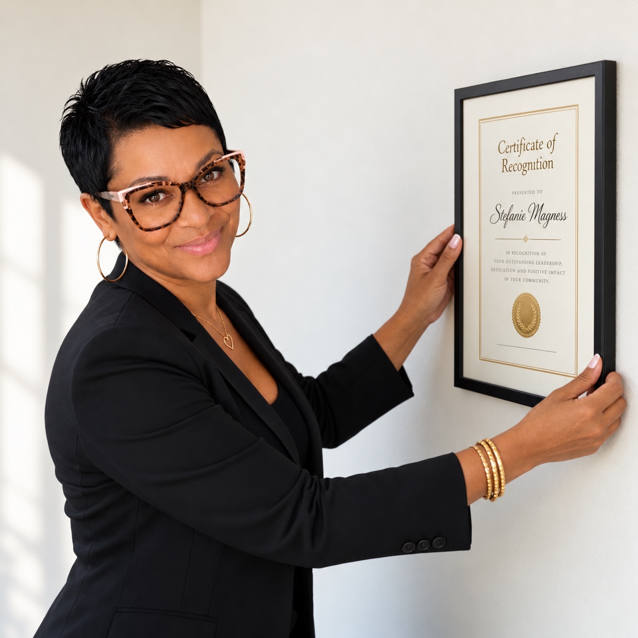 Stefanie Magness placing a framed certificate on the wall