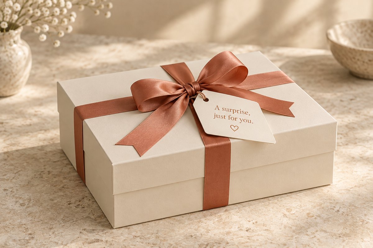 Closed cream surprise gift box tied with terracotta ribbon; contents kept secret